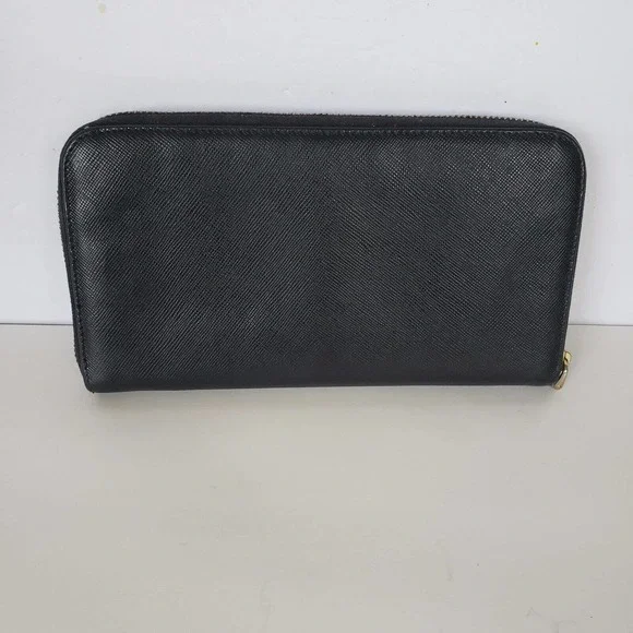 Prada Long Wallet Leather Zipper Black Zip Around Italy Continental Logo Clutch - Picture 3 of 13